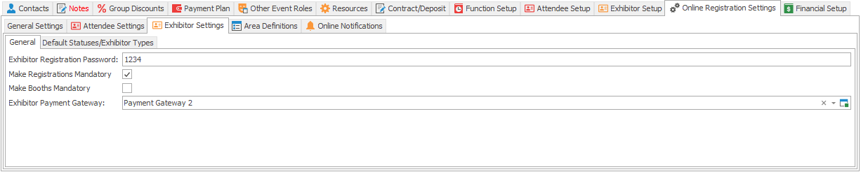 Screenshot of General tab under Exhibitor Settings in Online Registration Settings in Edit Event window. 
