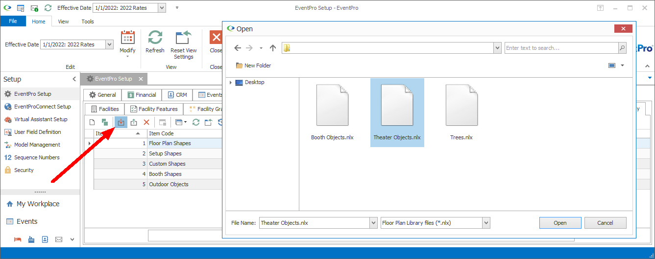 Screenshot of Open window, selecting floor plan object library file to import. 