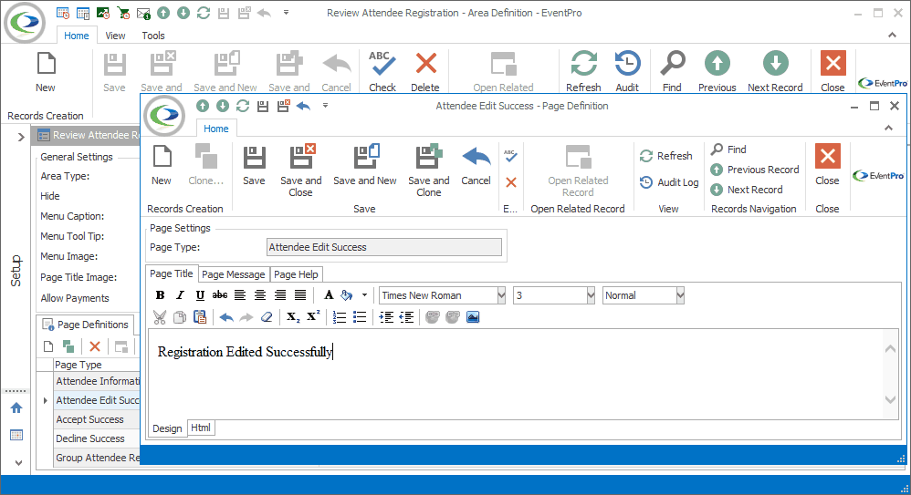 Screenshot of Attendee Edit Success Page Definition edit form opened from Review Attendee Registration Area Definition edit form. 