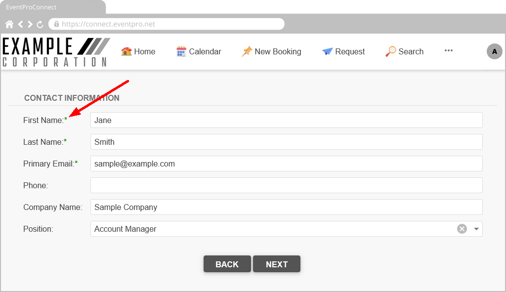 Screenshot of online form in EPConnect, pointing to asterisk indicating field is required. 