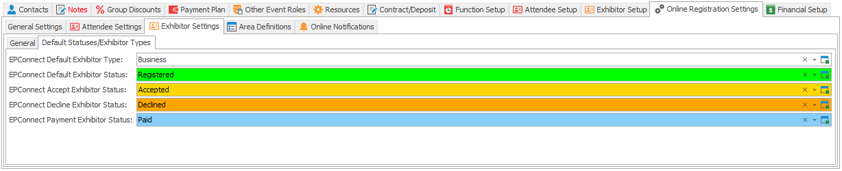 Default Statuses/Types tab under Exhibitor Settings in Edit Event Online Registration Settings. 