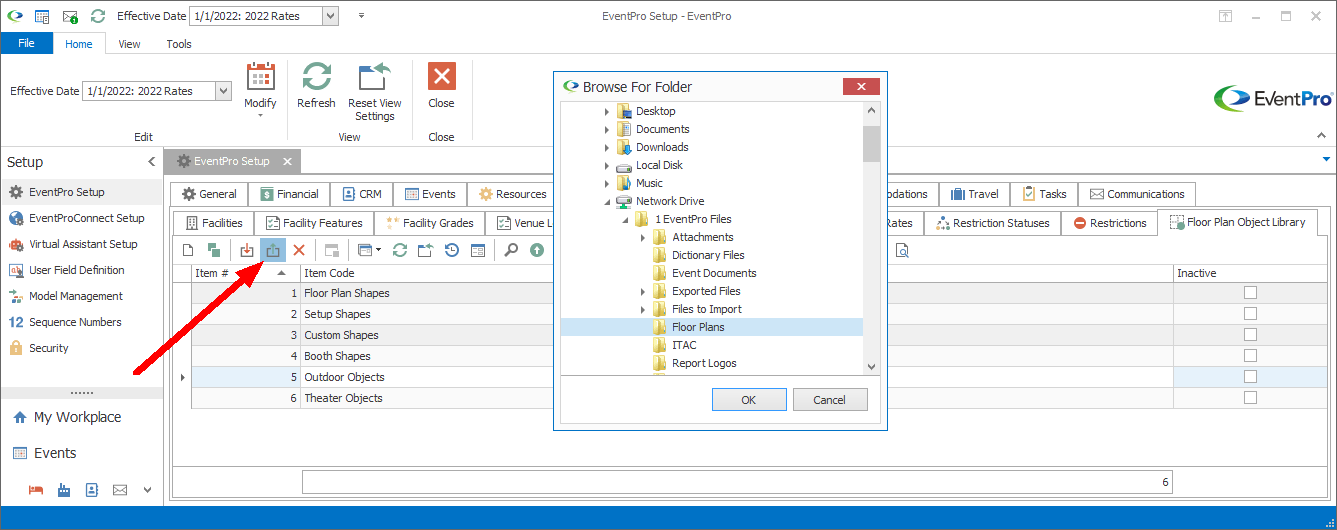 Screenshot of Browse for Folder window, selecting folder for floor plan object library export. 
