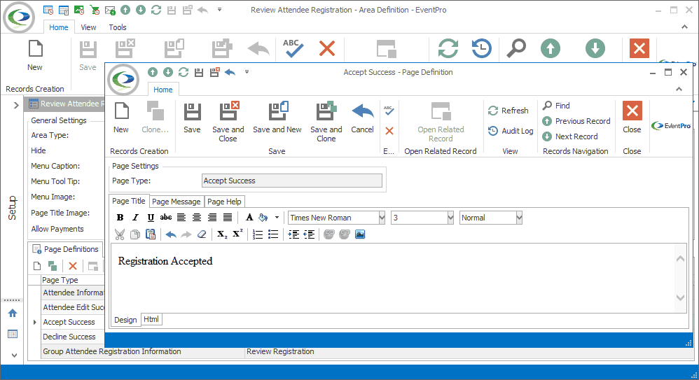 Screenshot of Attendee Accept Success Page Definition edit form opened from Review Attendee Registration Area Definition edit form. 