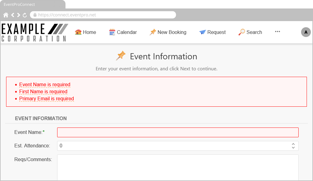 Screenshot of online form in EPConnect, displaying warning that fields are required. 
