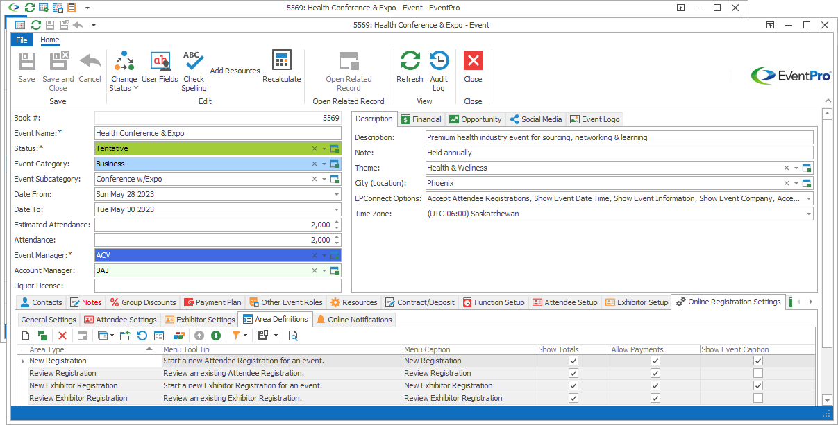 Screenshot of Area Definitions tab under Online Registration Settings in Edit Event window. 