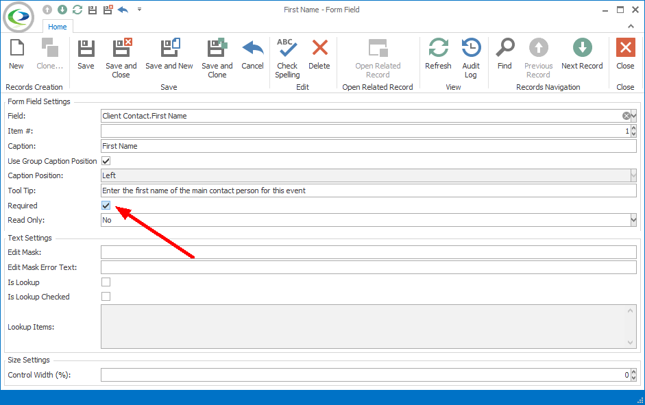 Screenshot of Form Field edit form, pointing to Required checkbox. 