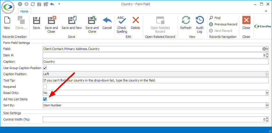 Screenshot of Form Field edit form with Ad Hoc List Items checkbox selected. 