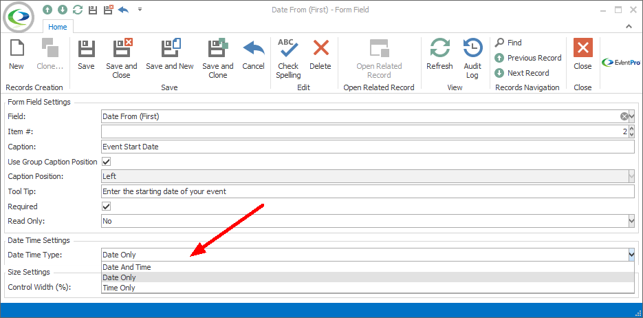 Screenshot of Form Field edit form, pointing to Date Time Type drop-down selection list. 