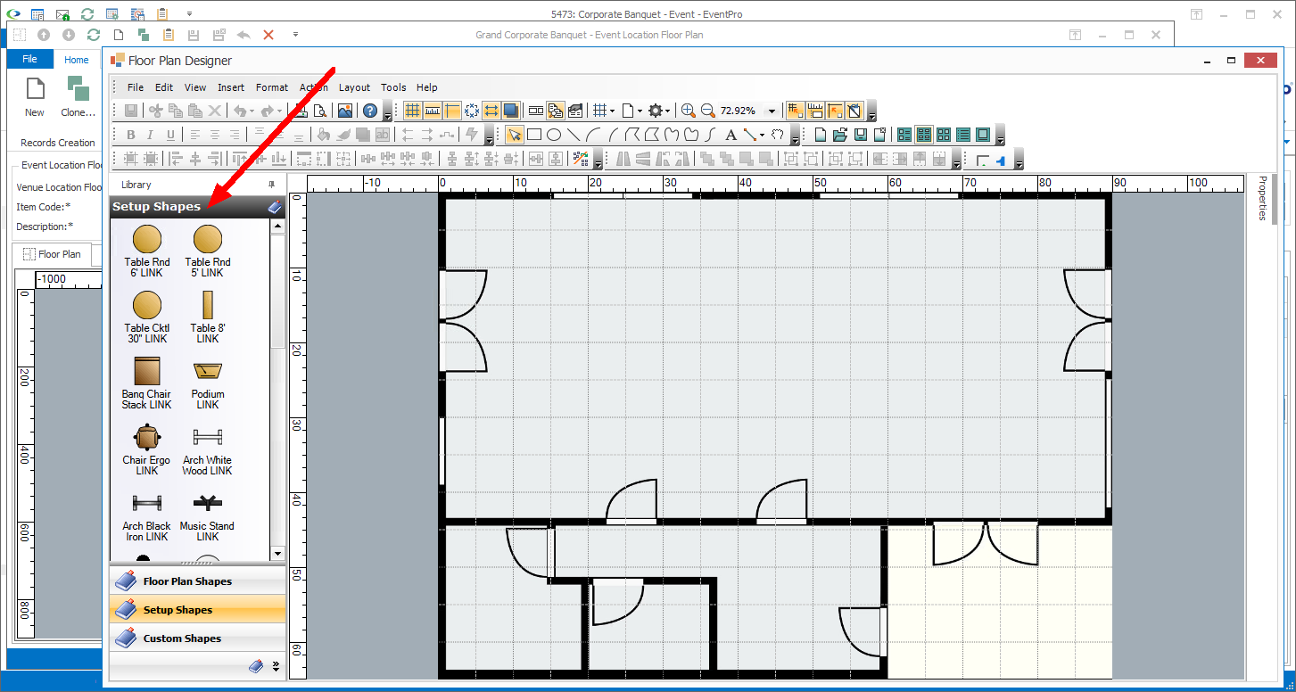 Screenshot of Floor Plan Designer, pointing to Setup Shapes object library. 