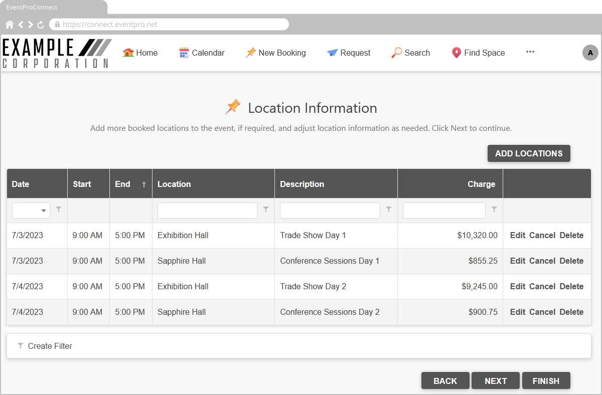 Screenshot of New Booking Location Information grid in EPConnect. 