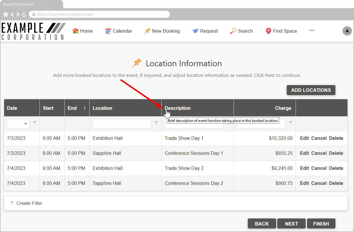 Screenshot of EPConnect New Booking Location Information grid, demonstrating Tool Tip for Column. 