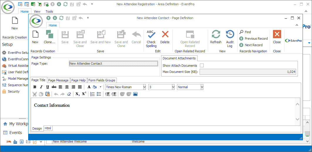 Screenshot of Contact Page Definition from New Attendee Registration Area Definition. 