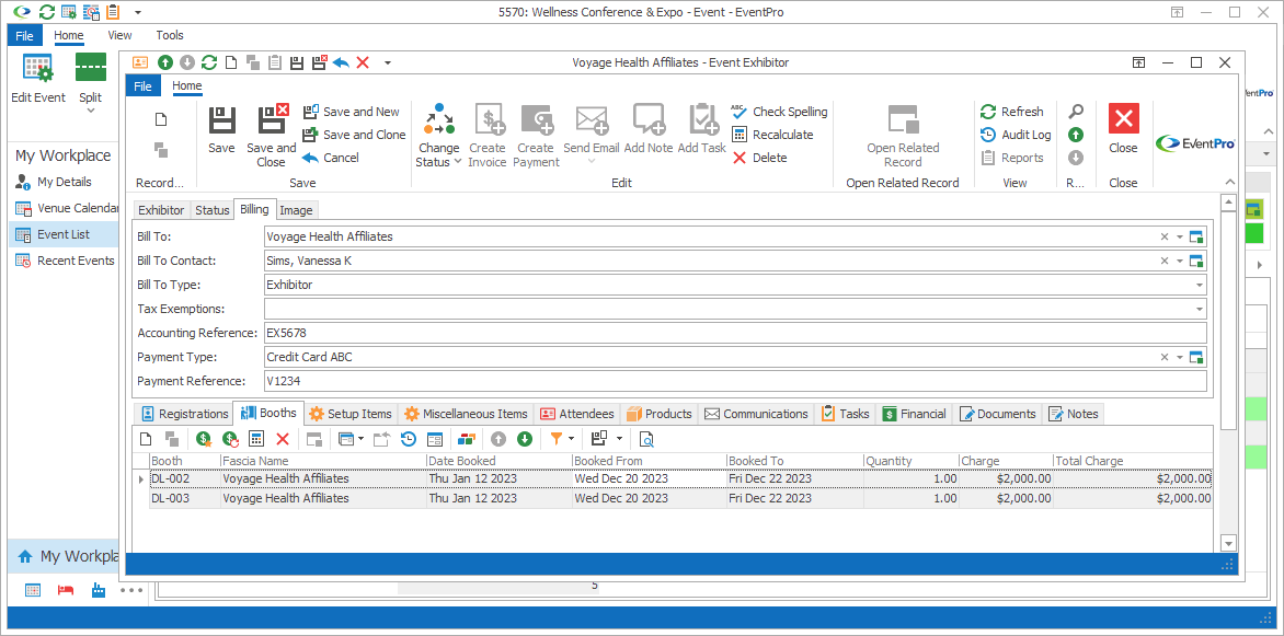 Screenshot of Event Exhibitor edit form opened to Billing tab. 