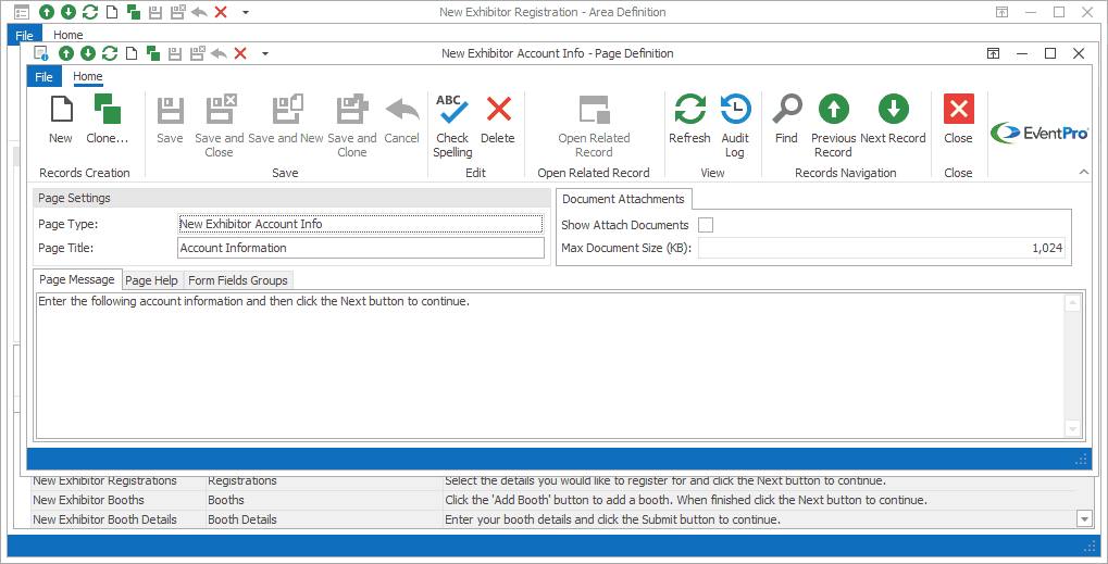 Screenshot of Account Info Page Definition from Exhibitor New Registration Area Definition. 