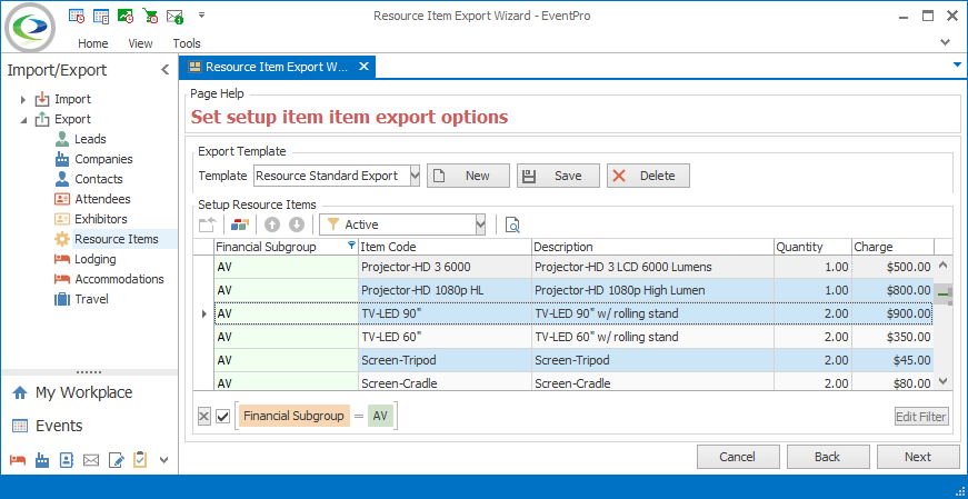 Screenshot of Export Wizard with records multi-selected in selection grid. 