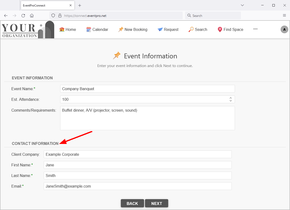 Sample EPConnect website New Booking Event Info page displaying selected Fields. 