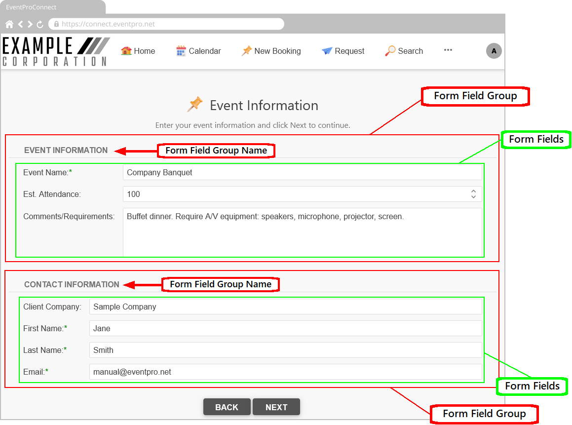 Screenshot of sample EPConnect page with Form Field Groups and Fields labelled. 