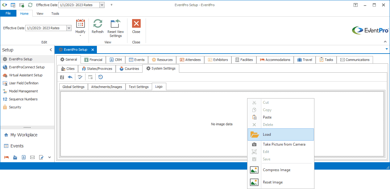 Screenshot of Logo tab in General System Settings, with Load option selected in speed menu
