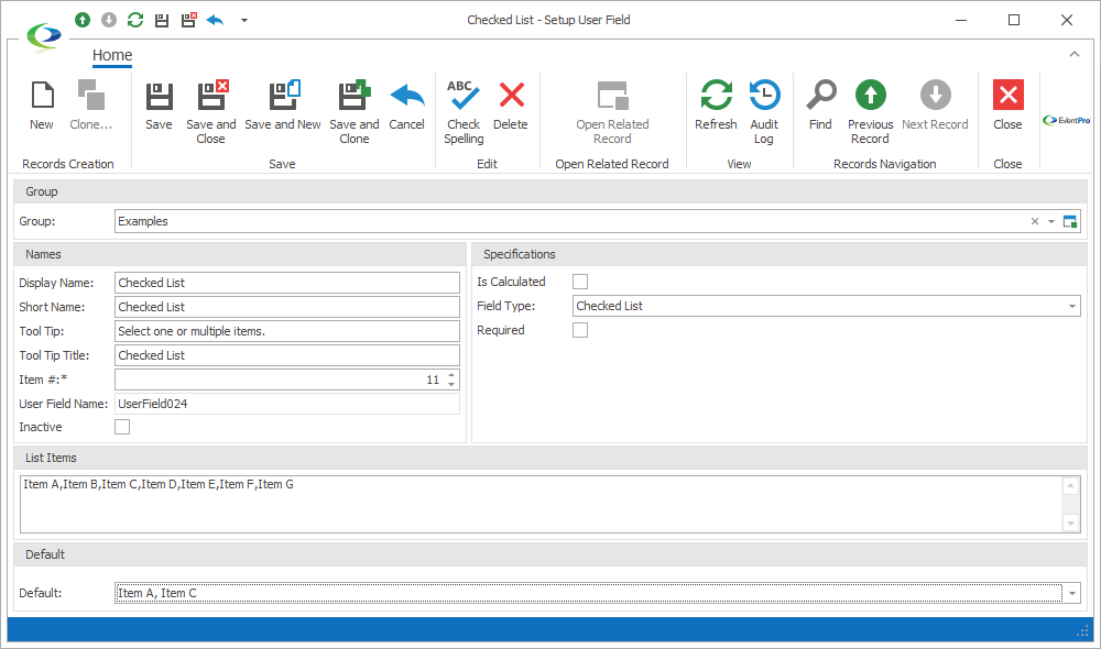 Screenshot of User Field edit form for Checked List type field, with List Items defined. 