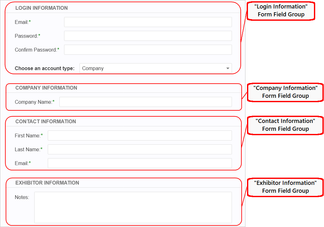 Sample of Exhibitor Account Info page with form field groups labelled. 