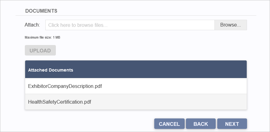 Sample of Exhibitor Account Info page with Show Attach Docs setting activated. 