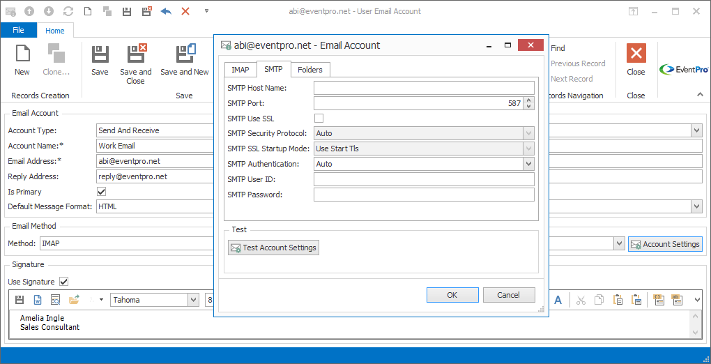 Screenshot of IMAP Email Account SMTP Settings for Security User. 