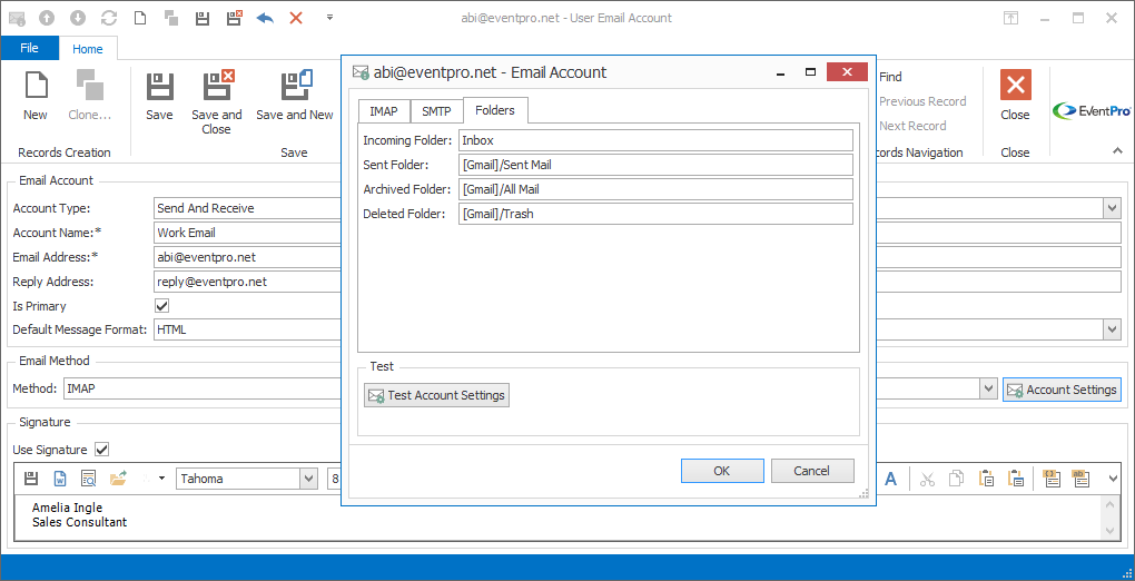 Screenshot of IMAP Email Account Folder Settings for Security User. 