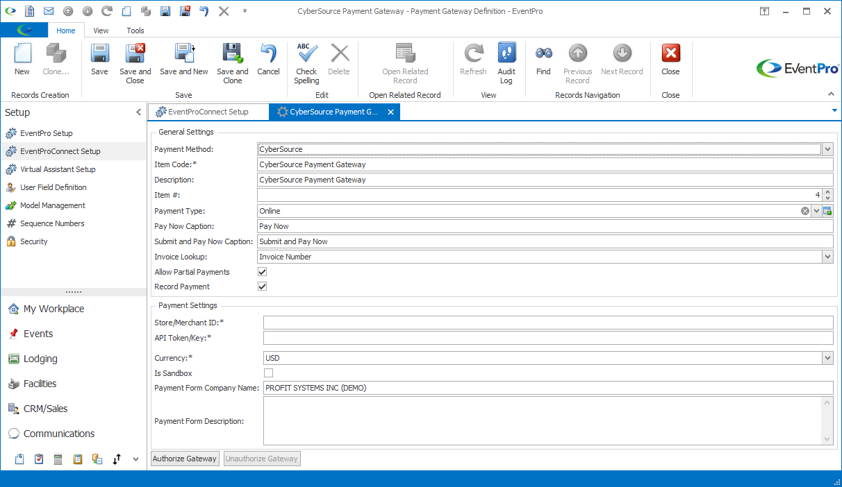Payment Gateway Definition edit form for CyberSource