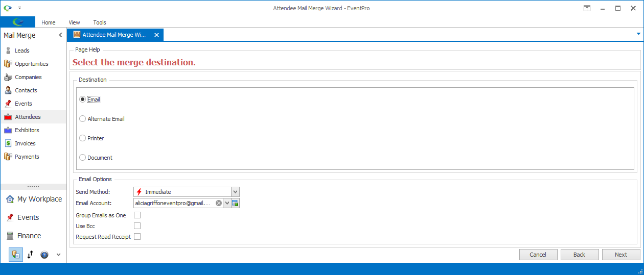 Screenshot of Mail Merge Mizard page, selecting merge destination. 