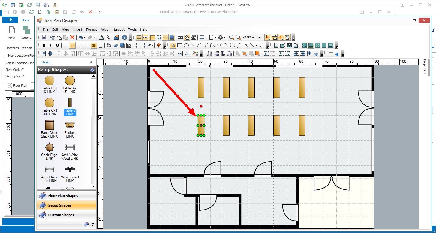 Screenshot of Floor Plan Designer with linked table objects added to background. 