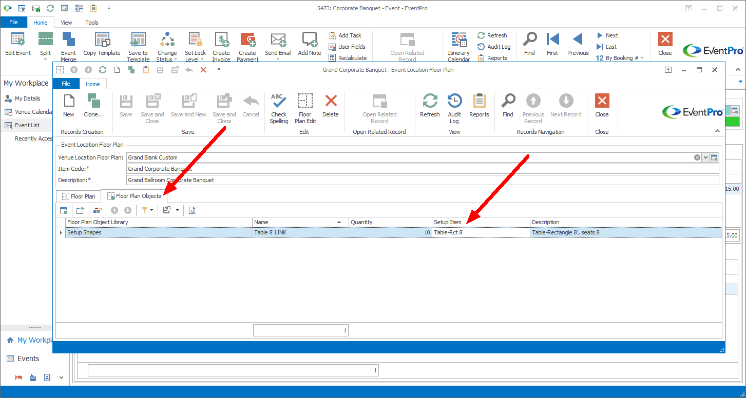Screenshot of Event Location Floor Plan edit form, pointing to Floor Plan Objects tab. 