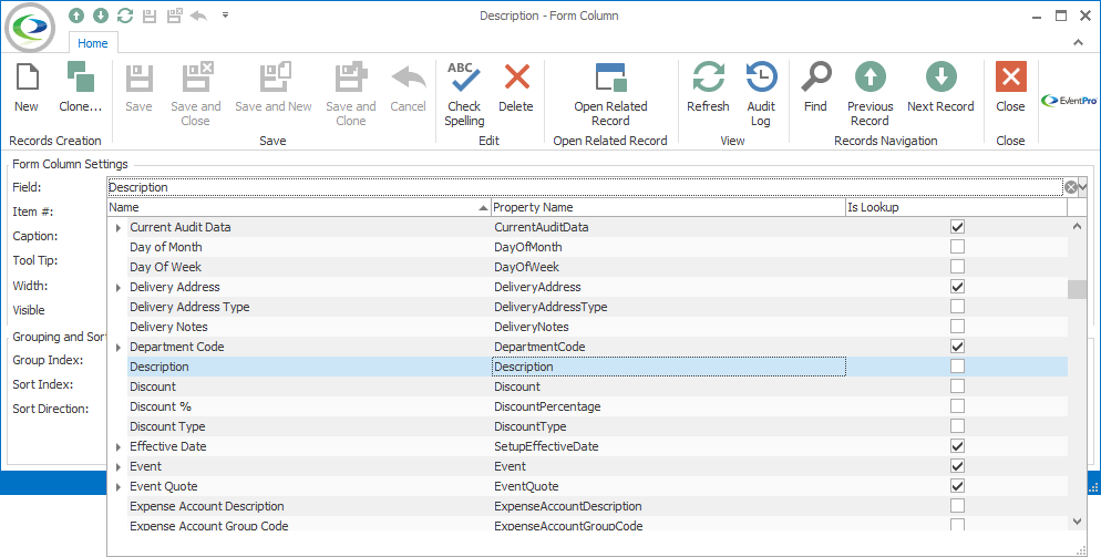 Screenshot of Form Column edit form, displaying Field drop-down selection list. 