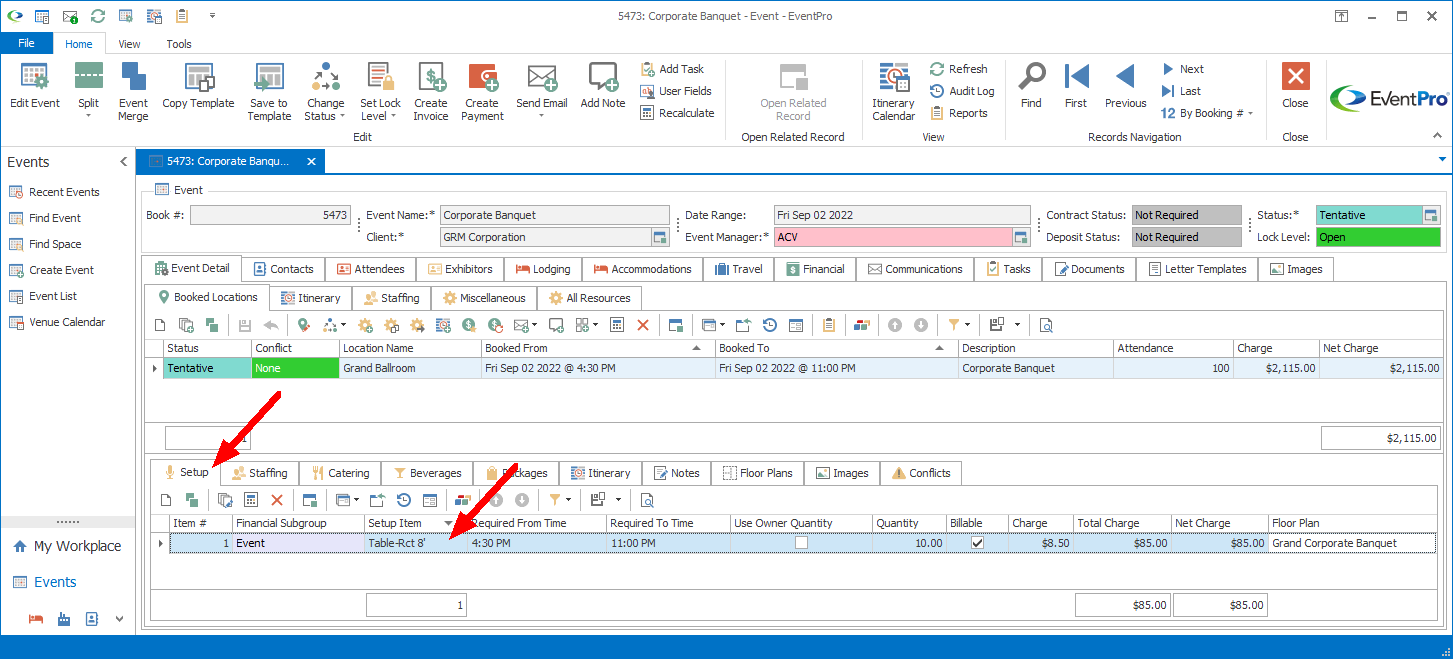 Screenshot of Event Screen, pointing to Event Location's Setup tab containing linked items. 