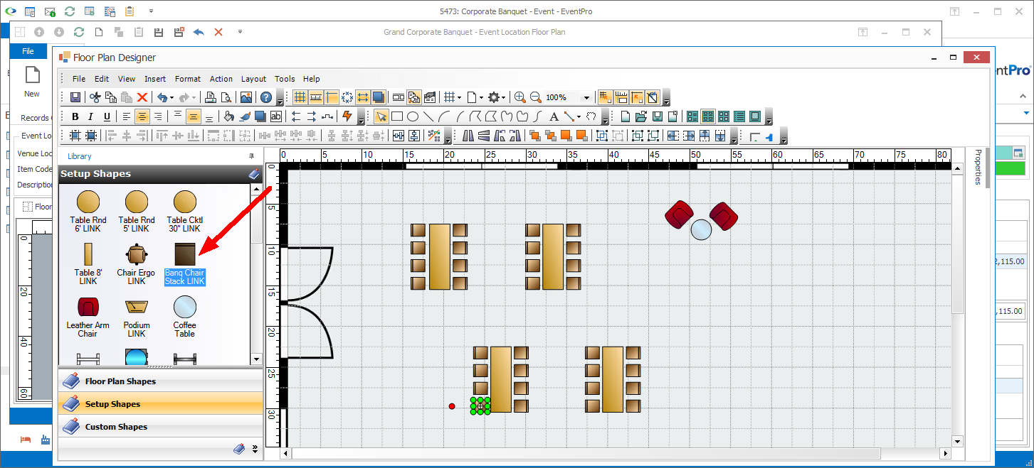 Screenshot of Floor Plan Designer, pointing to linked chair objects. 