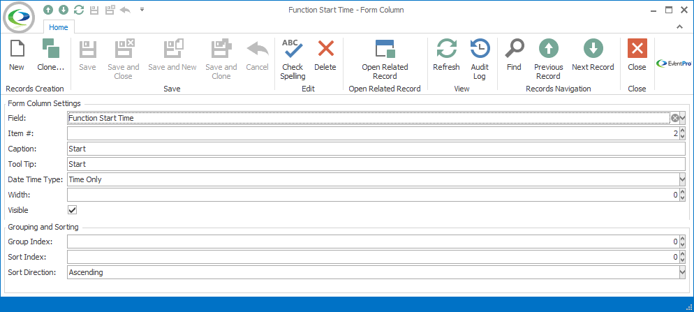 Screenshot of Form Column edit form. 