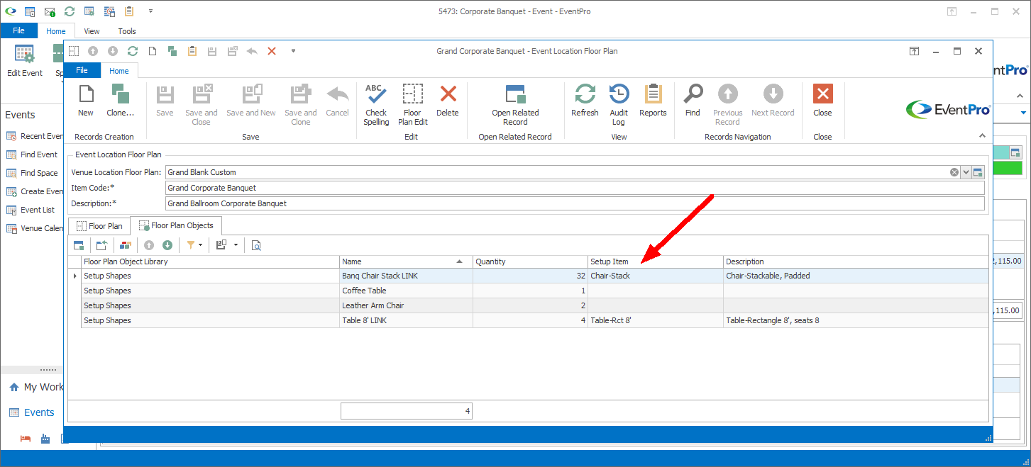 Screenshot of Event Location Floor Plan edit form, pointing to Floor Plan Objects tab. 