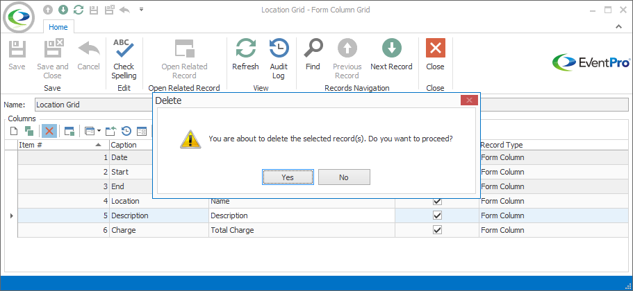 Screenshot of Delete confirmation dialog in front of Form Column Grid edit form. 