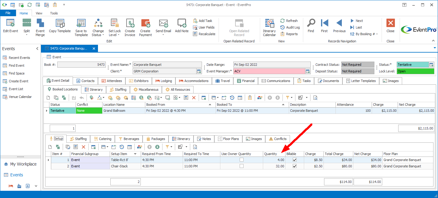 Screenshot of Event screen, pointing to Event Location's Setup tab containing more linked items. 