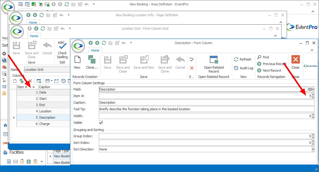 Screenshot of Form Column edit form, pointing to Item Number. 