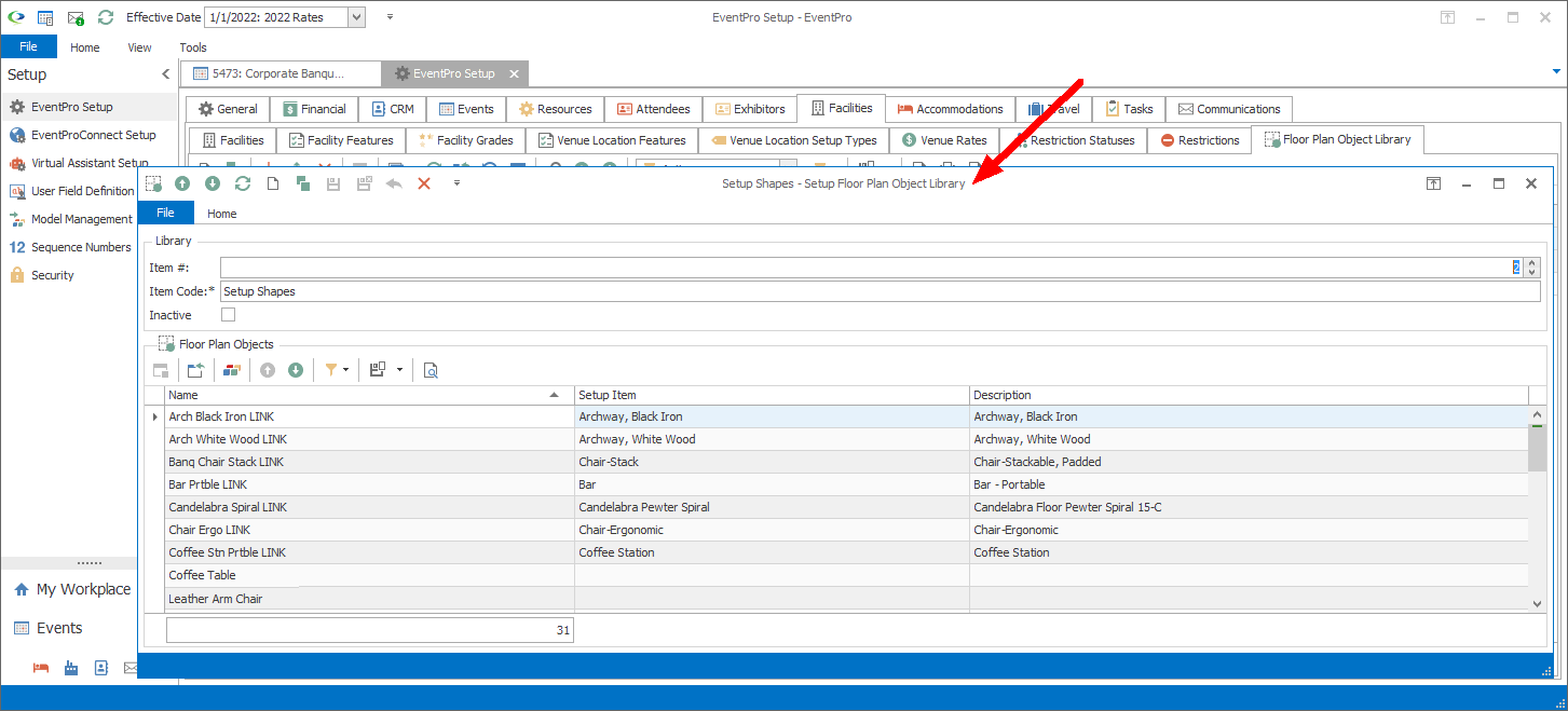 Screenshot of Setup Floor Plan Object Library with linked objects used in example. 