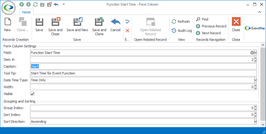 Screenshot of Form Column edit form, displaying text entered for Caption. 