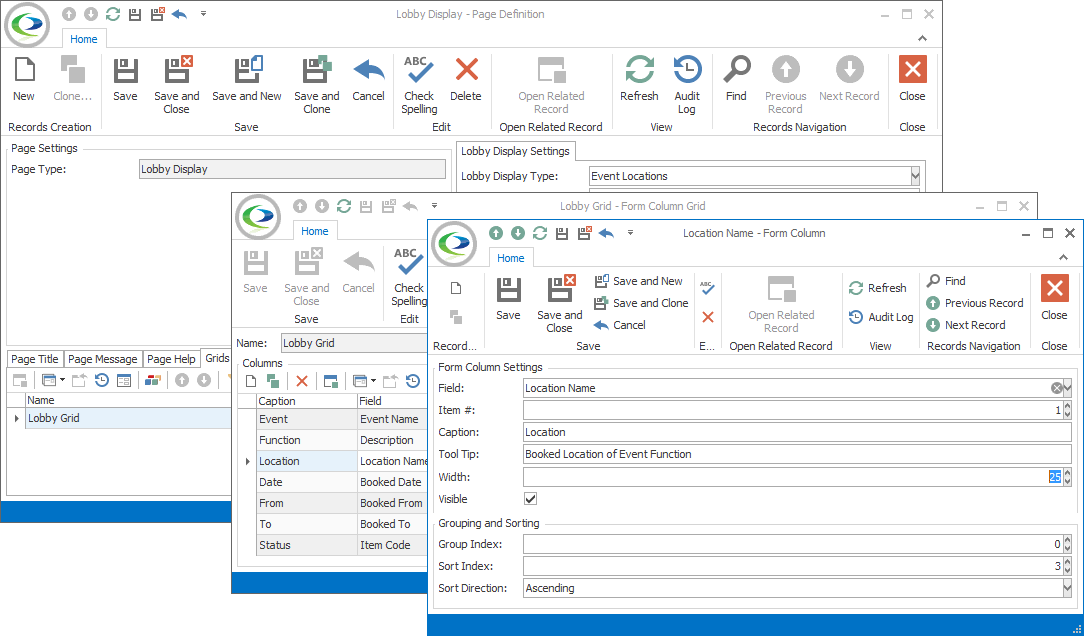 Screenshot of Form Column edit form opened from Event Location Lobby Grid edit form. 