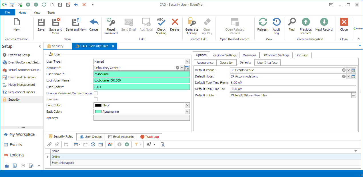 Screenshot of Defaults sub tab under Security User edit form Options tab. 