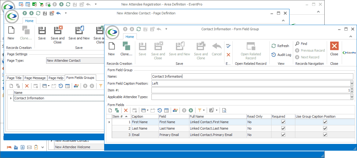 Screenshot of Form Field Group edit form opened from tab in Attendee Contact Page Definition. 
