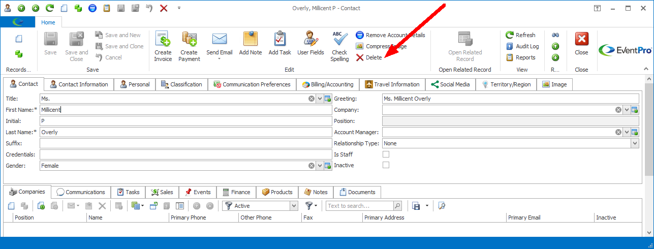 Screenshot of edit form, pointing to Delete button in top ribbon