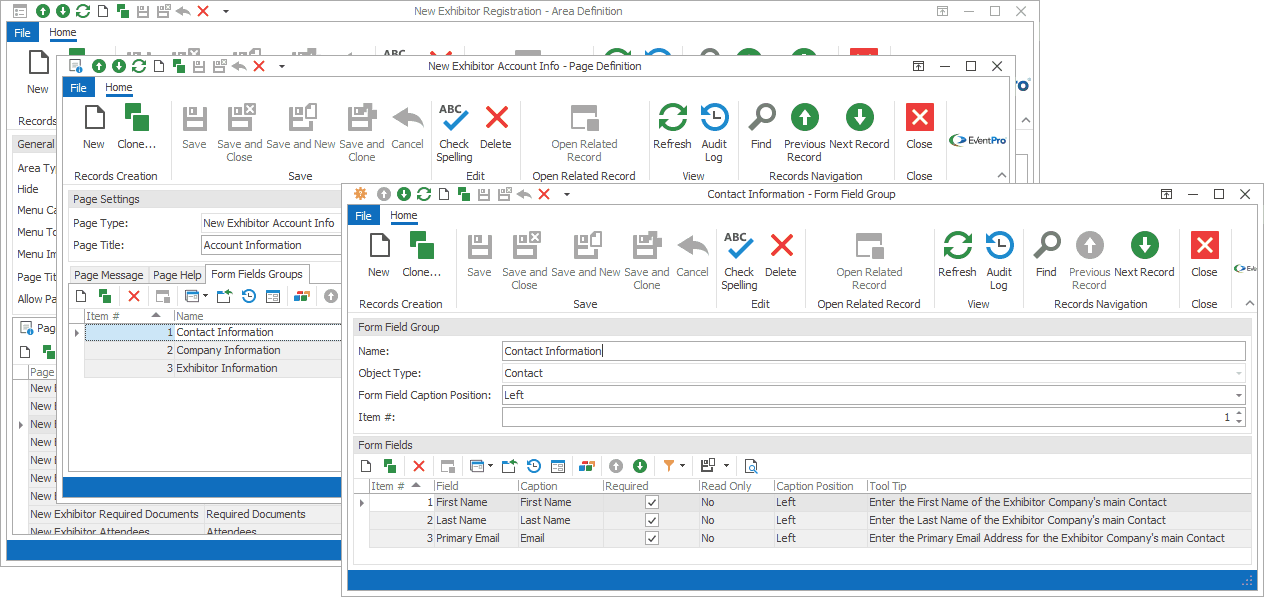 Screenshot of Form Field Group edit form opened from tab in Exhibitor Account Info Page Definition. 
