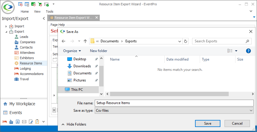 Screenshot of Save As window opened from Export Wizard. 