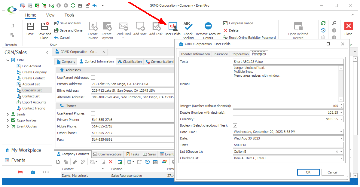 Screenshot of User Field form opened from top ribbon command in Company edit form. 