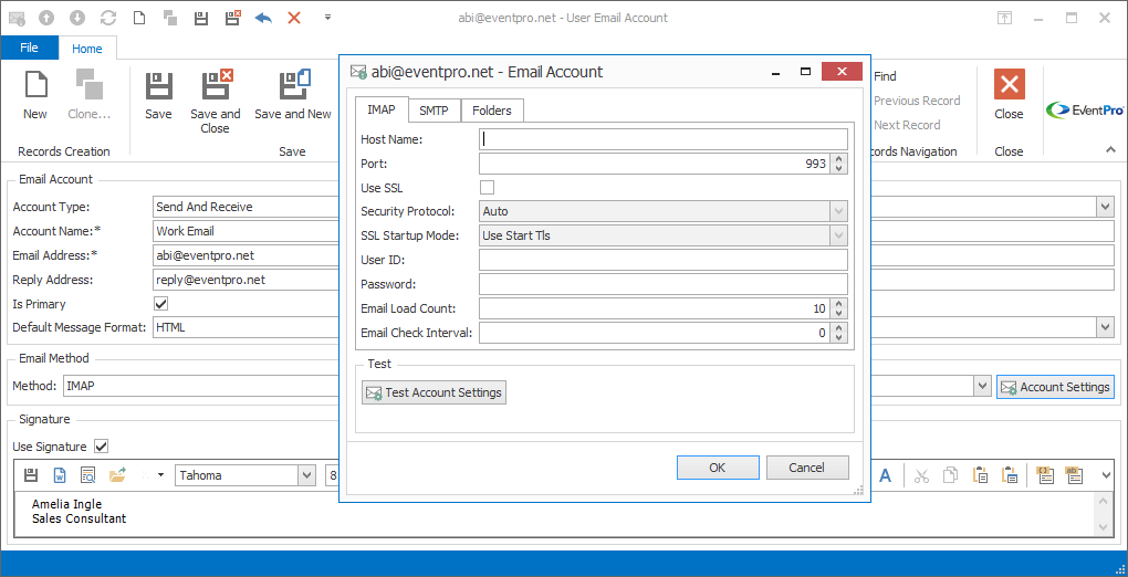 Screenshot of IMAP Email Account Settings for Security User. 