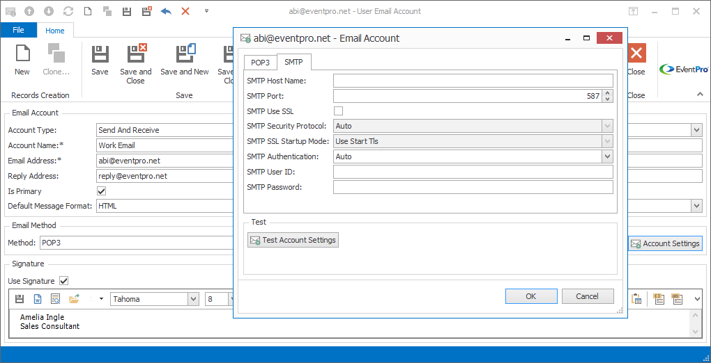 Screenshot of POP3 Email Account SMTP Settings for Security User. 